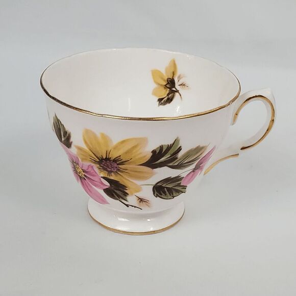 Royal Vale Bone China Teacup Pink Yellow Floral Pattern D5899 England Ridgway Po - Picture 1 of 5